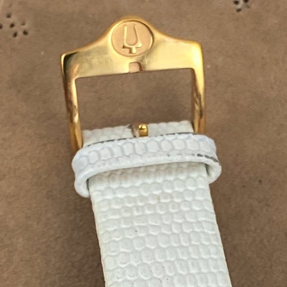 Bulova 2 Tone Rose Gold White Enamel Crystals White Leather Strap - Picture 6 of 7